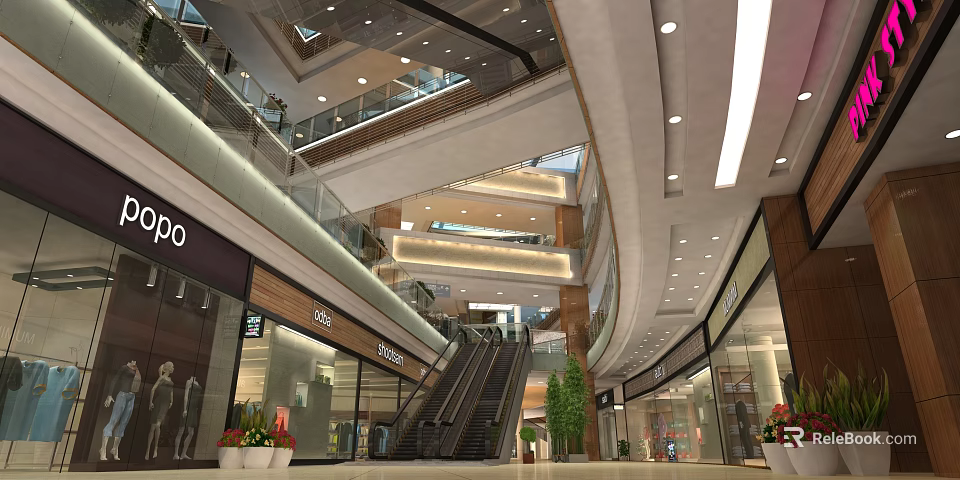 Multi Level Shopping Mall Atrium With Escalators Shops Glass Railings Modern Lighting And Plants 3d model 