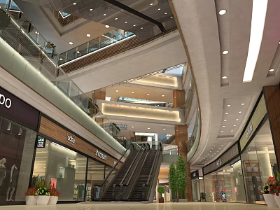 Multi Level Shopping Mall Atrium With Escalators Shops Glass Railings Modern Lighting And Plants 3d model