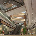 Multi Level Shopping Mall Atrium With Escalators Shops Glass Railings Modern Lighting And Plants