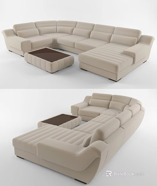 Modern Beige Modular Sofa and Dark Top Coffee Table Set for Living Room 3d model