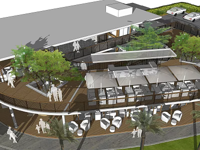 Modern Outdoor Terrace With Seating Area Umbrellas Green Plants And Wooden Deck Design 3d model