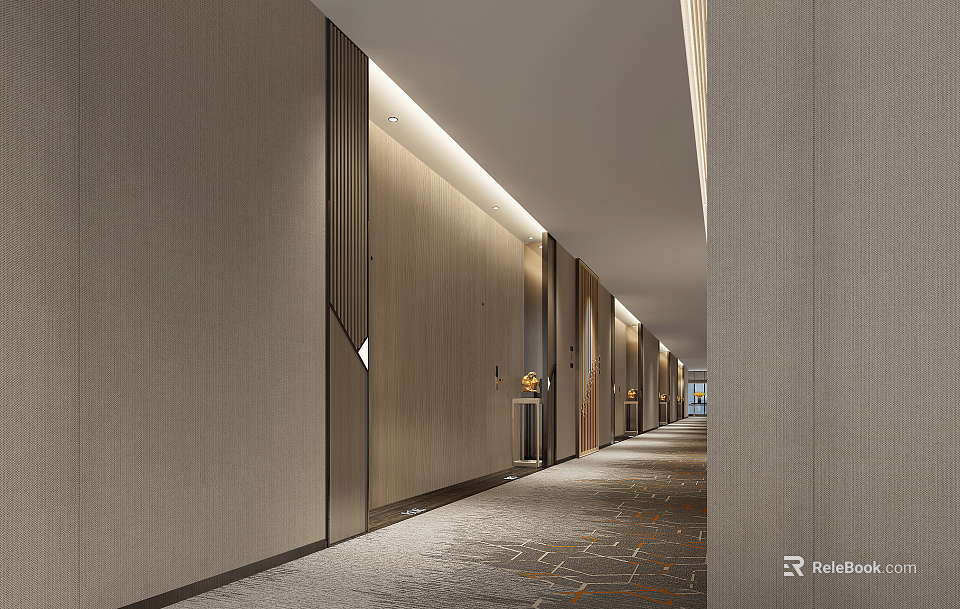 Modern Hotel Corridor Interior Design With Wooden Walls Recessed Lighting And Carpet 3d model 