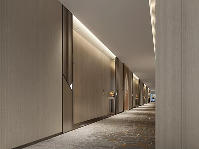 Modern Hotel Corridor Interior Design With Wooden Walls Recessed Lighting And Carpet 3d model