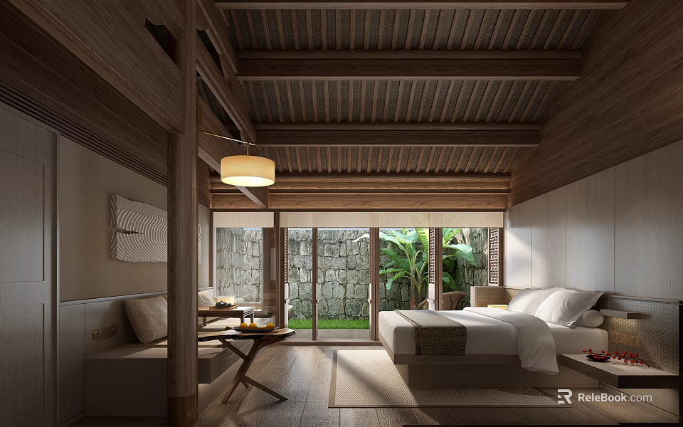 Hotel Guest Room With Wooden Ceiling Large Windows And Greenery View 3d model 