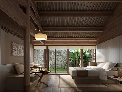 Hotel Guest Room With Wooden Ceiling Large Windows And Greenery View 3d model