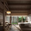 Hotel Guest Room With Wooden Ceiling Large Windows And Greenery View