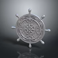 Decorative 3D Model Silver Ship's Wheel Equipment With Intricate Pattern And Metal Handles