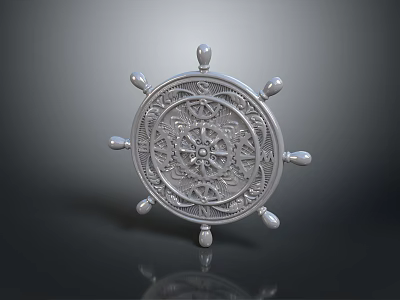 Decorative 3D Model Silver Ship's Wheel Equipment With Intricate Pattern And Metal Handles 3d model