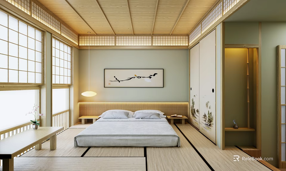 Japanese Bedroom Interior With Wooden Ceiling Tatami Flooring And Sliding Doors 3d model 