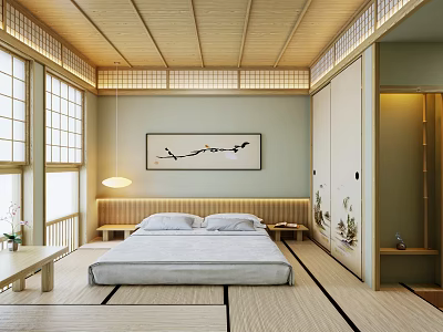 Japanese Bedroom Interior With Wooden Ceiling Tatami Flooring And Sliding Doors 3d model