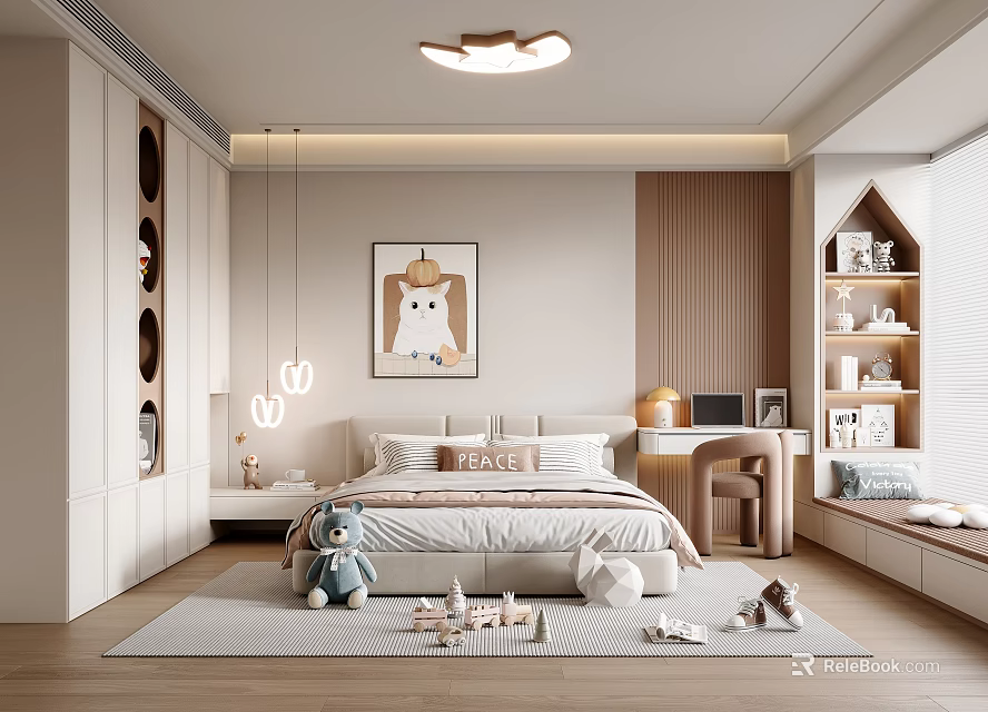 Cozy Kids Room Interior With Bed Teddy Bear Study Desk Shelves And Painting 3d model 