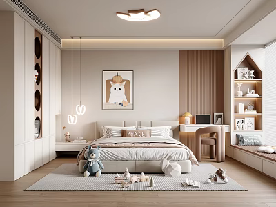Cozy Kids Room Interior With Bed Teddy Bear Study Desk Shelves And Painting 3d model