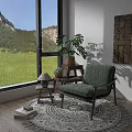 Stylish Green Lounge Chair With Stool Lamp Monstera Plant And Patterned Rug Near White Curtains