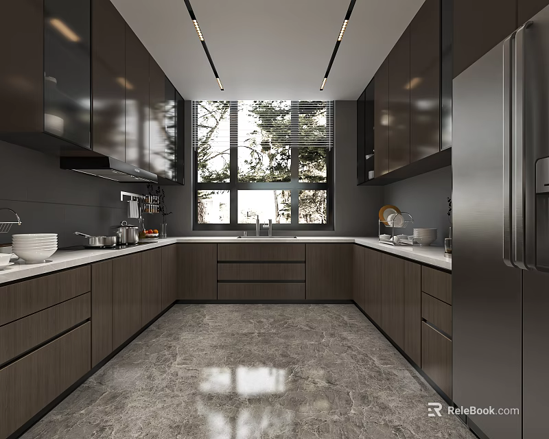 Modern Kitchen Interior With Dark Cabinets Large Windows And Marble Countertops 3d model