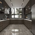 Modern Kitchen Interior With Dark Cabinets Large Windows And Marble Countertops 3d model