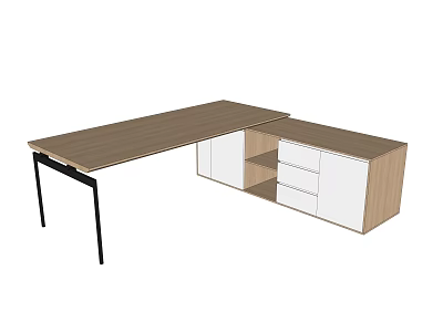 Modern Office Desk With Wooden Tabletop Black Legs And Storage Cabinet 3d model