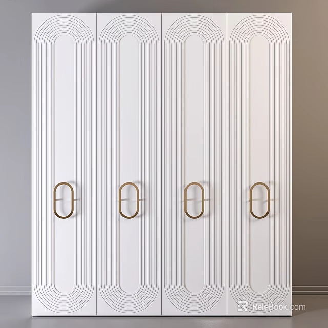 Elegant Modern White Dresser with Vertical Stripes and Gold Handles 3d model 