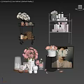 Stylish Bathroom Accessories Display With Wall Shelves Skincare Bottles Towel And Pink Floral Decor