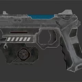 Futuristic 3D Rendered Metallic Pistol With Blue Accents And Glowing Elements