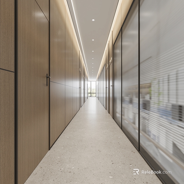 Modern Elevator Corridor Design With Wooden Wall Panels Glass Partitions Concrete Floor And Linear Lighting 3d model 