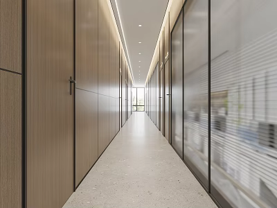 Modern Elevator Corridor Design With Wooden Wall Panels Glass Partitions Concrete Floor And Linear Lighting 3d model