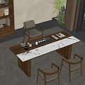 Serene Tea Room Interior With Wooden Marble Top Table Comfortable Chairs And Tea Sets
