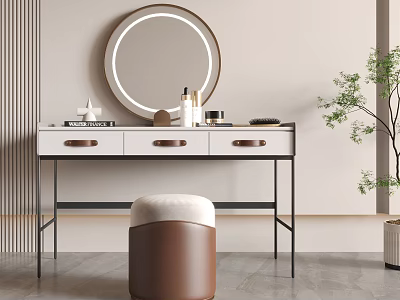 Modern Minimalist Dressing Table With Round Mirror White Top Drawers And Brown Padded Stool 3d model