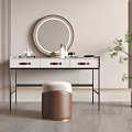 Modern Minimalist Dressing Table With Round Mirror White Top Drawers And Brown Padded Stool