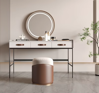 Modern Minimalist Dressing Table With Round Mirror White Top Drawers And Brown Padded Stool 3d model