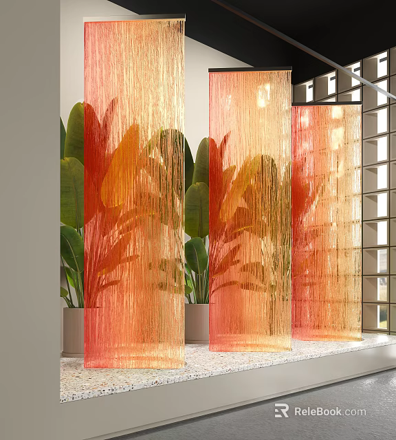 Elegant Orange Sheer Curtain Partition With Green Plants And Window Panes 3d model 