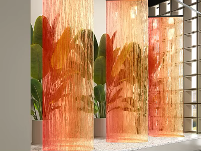 Elegant Orange Sheer Curtain Partition With Green Plants And Window Panes 3d model