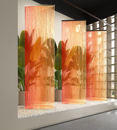 Elegant Orange Sheer Curtain Partition With Green Plants And Window Panes 3d model