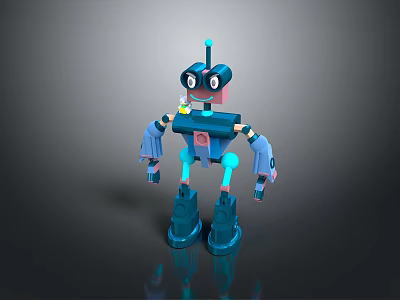 Cartoon Style Blue Robot Game And Movie Character With Antenna Big Eyes And Mechanical Arms 3d model