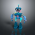 Cartoon Style Blue Robot Game And Movie Character With Antenna Big Eyes And Mechanical Arms