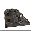 Circular Architectural Design with Wooden Pavilions Stone Columns Purple Accents and Stone Steps