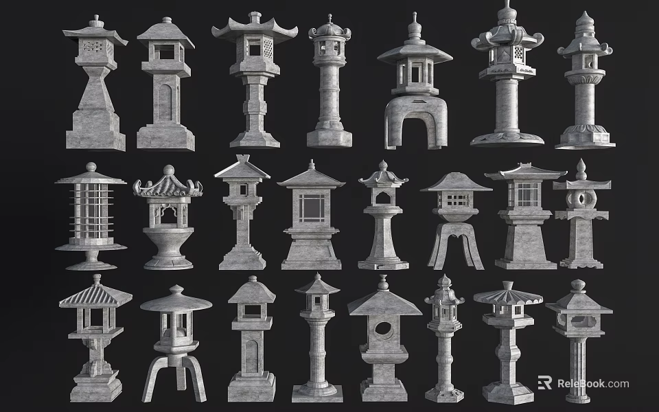 Traditional Stone Outdoor Lights Featuring Various Designs For Garden Decoration 3d model 