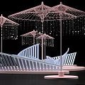 Decorative Pink Umbrella Like Structures With Dangling Ornaments And Modern Geometric Base 3d model
