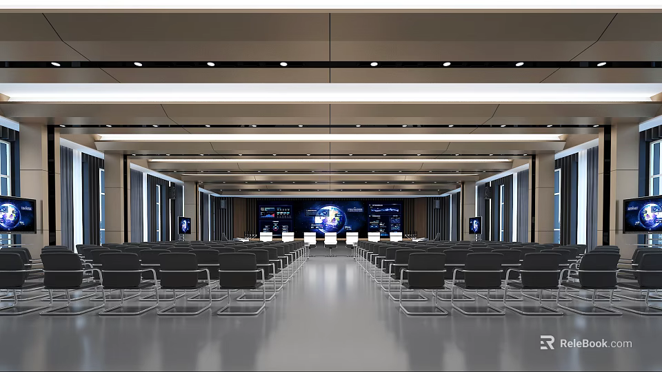 Spacious Monitoring Control Room With Large Display Screens And Rows Of Seats 3d model 