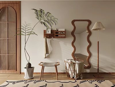 Modern Interior Featuring Wooden Furniture Large Plant Wavy Mirror Floor Lamp And Black White Rug 3d model