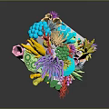 Vibrant Marine Animals in 3D Coral Reef Model with Colorful Seaweed and Plants