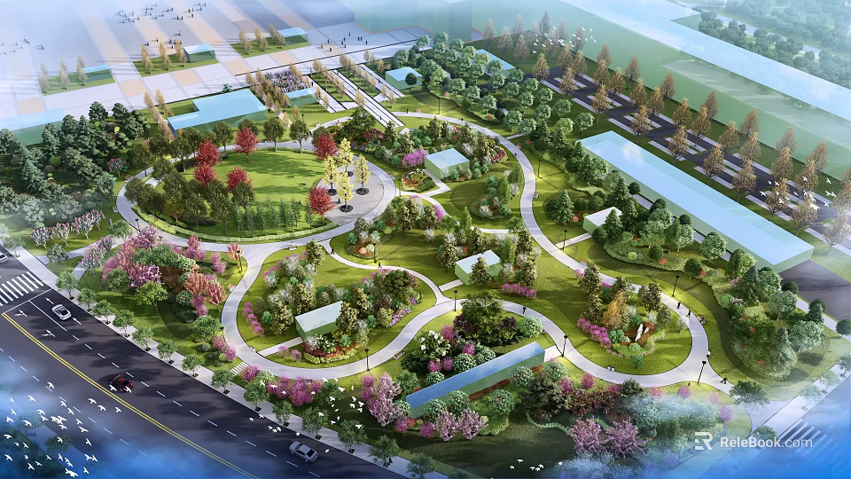 Scenic Urban Park Landscape With Winding Paths Lush Greenery Flowering Trees And Green Lawns 3d model 