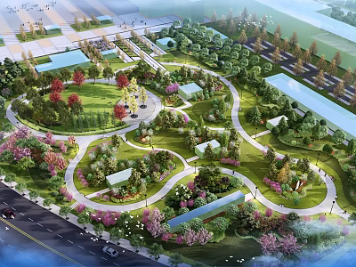 Scenic Urban Park Landscape With Winding Paths Lush Greenery Flowering Trees And Green Lawns 3d model