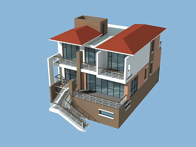 Modern Detached Villa With Red Roof White Brown Exterior Large Windows Balcony And Staircase 3d model