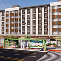 Modern Multi Story Commercial Building With Shops Bus Stop Trees Pedestrian Walkway And Bicycle Parking