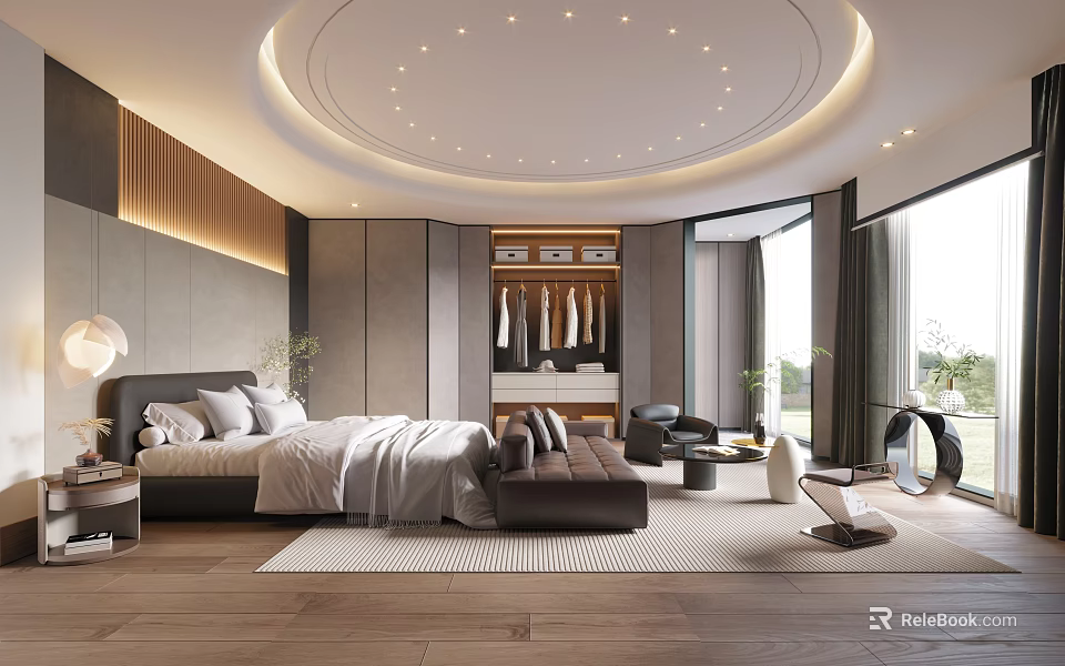 Modern Hotel Guest Room Interior With Bed Wardrobe Sofa Circular Ceiling Lights And Large Windows 3d model 