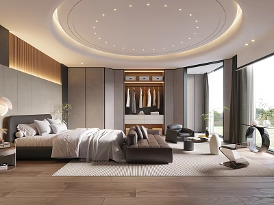 Modern Hotel Guest Room Interior With Bed Wardrobe Sofa Circular Ceiling Lights And Large Windows 3d model
