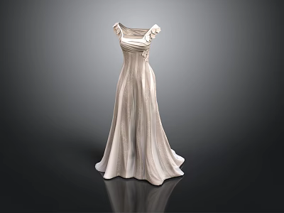 Elegant White Sleeveless Long Dress with Pleated Design and Waist Decoration 3d model