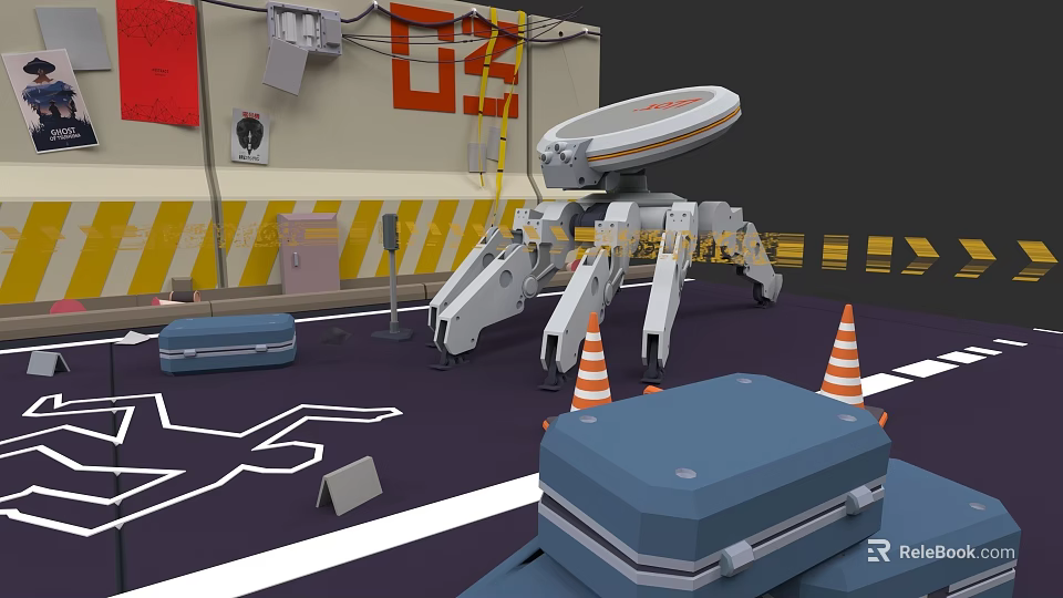 Electronic Mechanical Device With Multiple Legs Container Traffic Cones Cases And Warning Stripes 3d model 