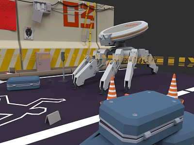 Electronic Mechanical Device With Multiple Legs Container Traffic Cones Cases And Warning Stripes 3d model