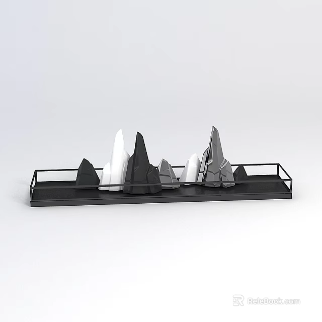 Tech Exhibition Hall Featuring Black Rectangular Tray With Black White Mountain Shaped Objects 3d model